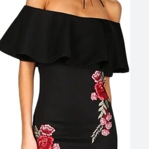 Elegant Black Off-Shoulder Dress with Floral Embroidery